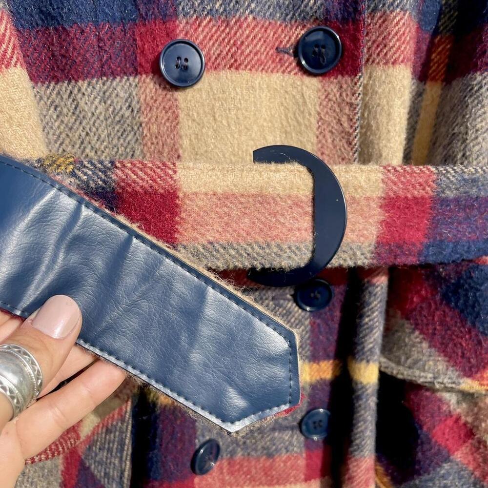 60s navy red & camel buffalo plaid mohair wool belted swing coat - Picture 5 of 6